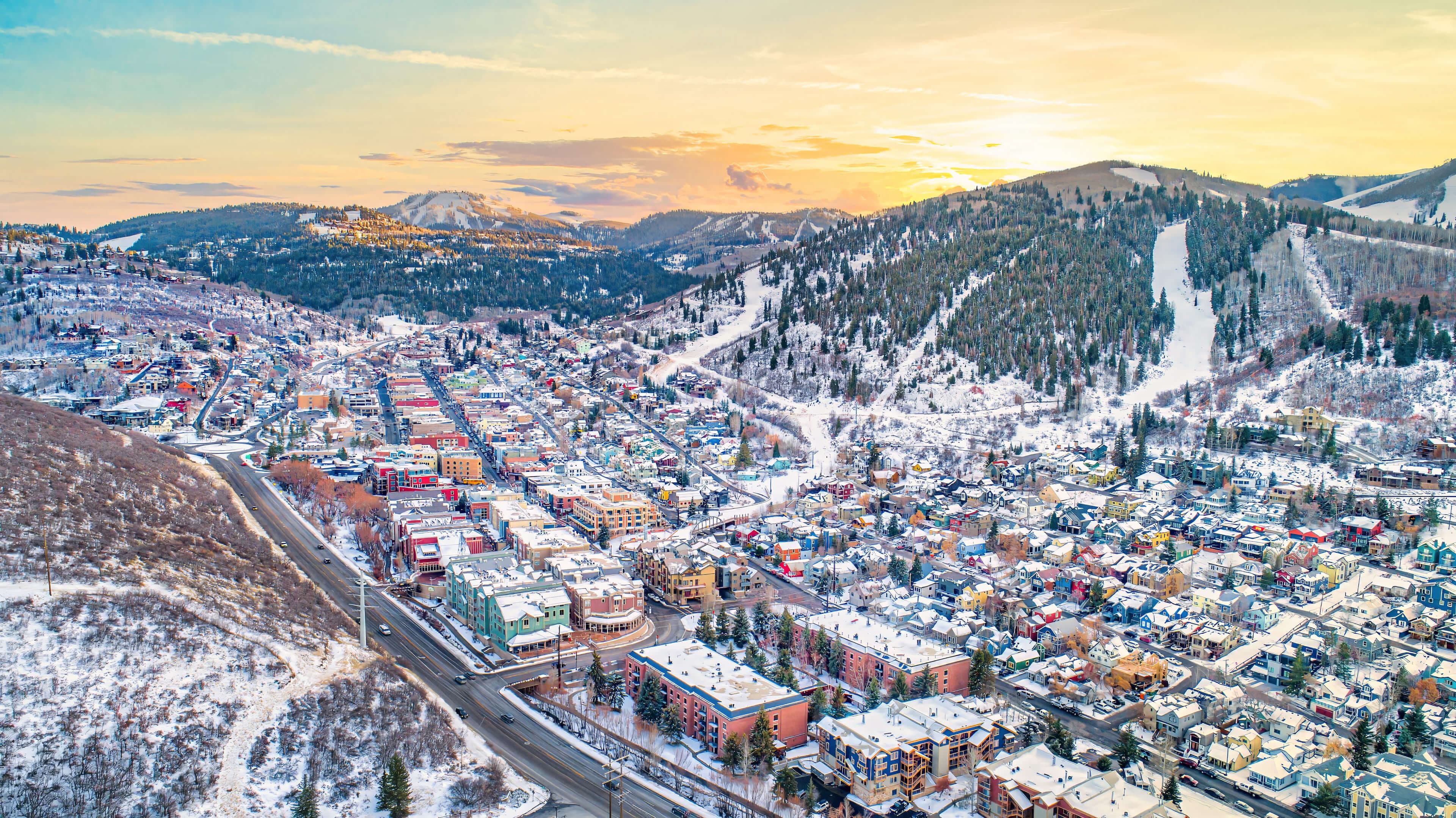 Snow-covered mountains and skiing activities in Park City